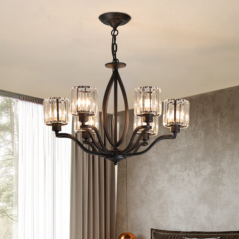 Simple Cylinder Chandelier Light Crystal Block 3/6 Lights Bedroom Ceiling Light Fixture in Black Clearhalo 'Ceiling Lights' 'Chandeliers' 'Glass shade' 'Glass' 'Modern Chandeliers' 'Modern' Lighting' 221100