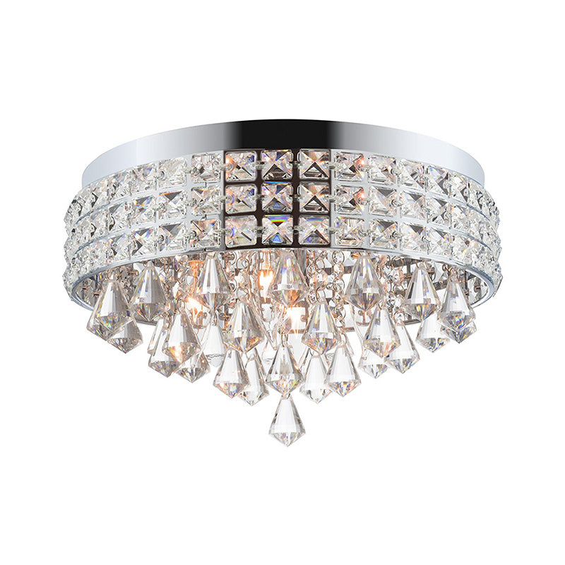 Contemporary Drum Flush Mount Light Crystal and Metal 4 Lights Bedroom Ceiling Fixture in Silver Clearhalo 'Ceiling Lights' 'Close To Ceiling Lights' 'Close to ceiling' 'Flush mount' Lighting' 221133