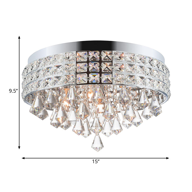 Contemporary Drum Flush Mount Light Crystal and Metal 4 Lights Bedroom Ceiling Fixture in Silver Clearhalo 'Ceiling Lights' 'Close To Ceiling Lights' 'Close to ceiling' 'Flush mount' Lighting' 221134