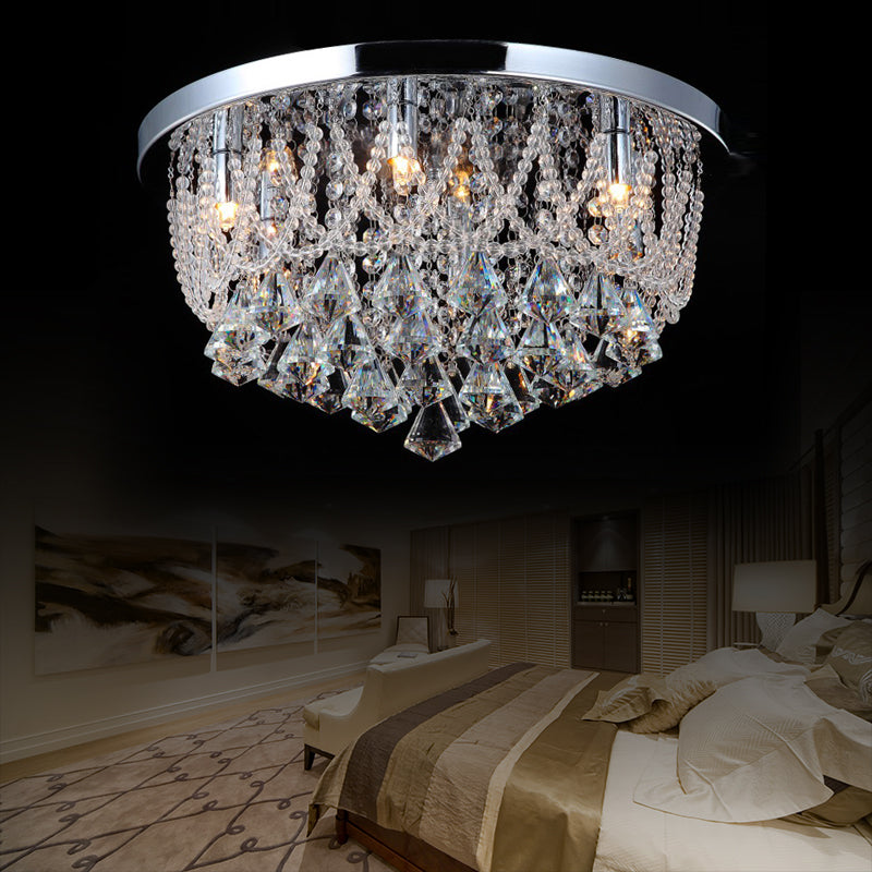 Dome Flush Light Fixture Modern Crystal Strand 3 Lights 14"/18" Wide Chrome Ceiling Lamp for Bedroom Chrome 18" Clearhalo 'Ceiling Lights' 'Close To Ceiling Lights' 'Close to ceiling' 'Flush mount' Lighting' 221136