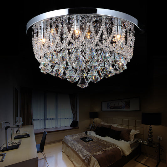 Dome Flush Light Fixture Modern Crystal Strand 3 Lights 14"/18" Wide Chrome Ceiling Lamp for Bedroom Clearhalo 'Ceiling Lights' 'Close To Ceiling Lights' 'Close to ceiling' 'Flush mount' Lighting' 221137