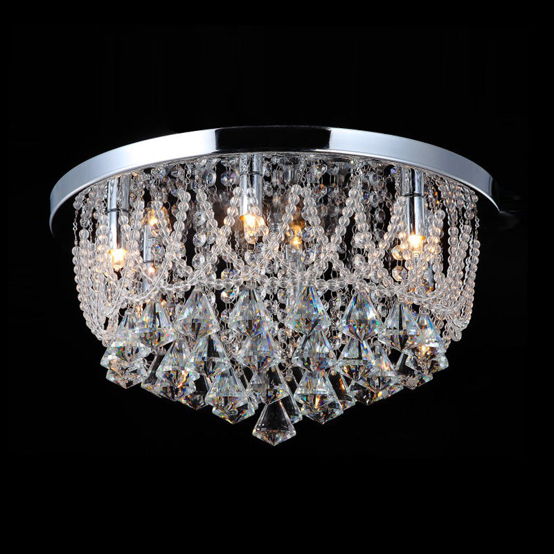 Dome Flush Light Fixture Modern Crystal Strand 3 Lights 14"/18" Wide Chrome Ceiling Lamp for Bedroom Clearhalo 'Ceiling Lights' 'Close To Ceiling Lights' 'Close to ceiling' 'Flush mount' Lighting' 221138