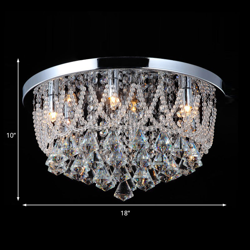 Dome Flush Light Fixture Modern Crystal Strand 3 Lights 14"/18" Wide Chrome Ceiling Lamp for Bedroom Clearhalo 'Ceiling Lights' 'Close To Ceiling Lights' 'Close to ceiling' 'Flush mount' Lighting' 221139