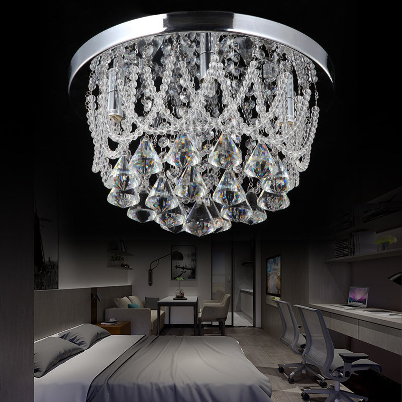 Dome Flush Light Fixture Modern Crystal Strand 3 Lights 14"/18" Wide Chrome Ceiling Lamp for Bedroom Clearhalo 'Ceiling Lights' 'Close To Ceiling Lights' 'Close to ceiling' 'Flush mount' Lighting' 221141