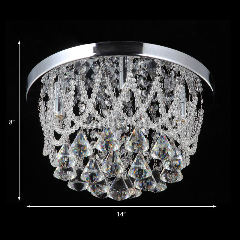 Dome Flush Light Fixture Modern Crystal Strand 3 Lights 14"/18" Wide Chrome Ceiling Lamp for Bedroom Clearhalo 'Ceiling Lights' 'Close To Ceiling Lights' 'Close to ceiling' 'Flush mount' Lighting' 221143