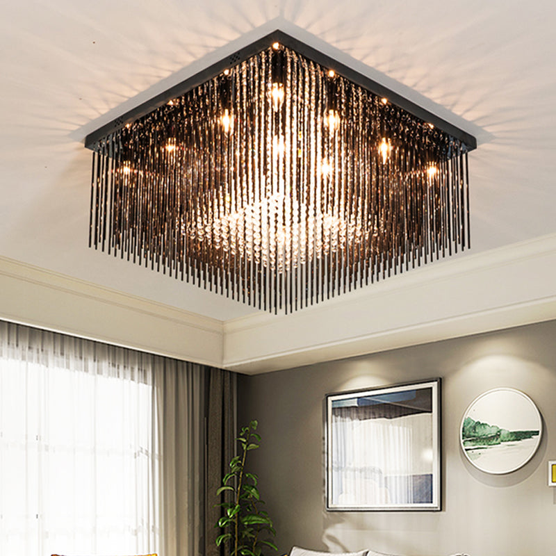 Crystal Rod and Crystal Beaded Cubic Flush Light Contemporary 4/6/9 Lights Black Ceiling Light, 16"/19"/23.5" Wide Black 23.5" Clearhalo 'Ceiling Lights' 'Close To Ceiling Lights' 'Close to ceiling' 'Flush mount' Lighting' 221154