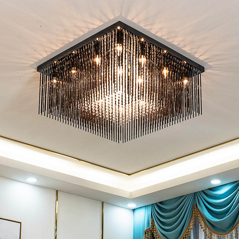 Crystal Rod and Crystal Beaded Cubic Flush Light Contemporary 4/6/9 Lights Black Ceiling Light, 16"/19"/23.5" Wide Black 19.5" Clearhalo 'Ceiling Lights' 'Close To Ceiling Lights' 'Close to ceiling' 'Flush mount' Lighting' 221156