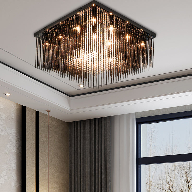 Crystal Rod and Crystal Beaded Cubic Flush Light Contemporary 4/6/9 Lights Black Ceiling Light, 16"/19"/23.5" Wide Black 16" Clearhalo 'Ceiling Lights' 'Close To Ceiling Lights' 'Close to ceiling' 'Flush mount' Lighting' 221158