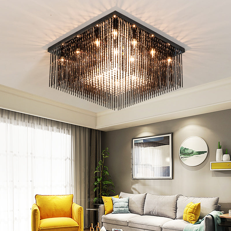 Crystal Rod and Crystal Beaded Cubic Flush Light Contemporary 4/6/9 Lights Black Ceiling Light, 16"/19"/23.5" Wide Clearhalo 'Ceiling Lights' 'Close To Ceiling Lights' 'Close to ceiling' 'Flush mount' Lighting' 221165