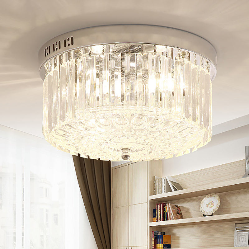 Chrome Drum Flush Light Fixture Modern 3 Lights Rectangular-Cut Crystal Light Fixture for Bedroom, 10"/14" Wide Clearhalo 'Ceiling Lights' 'Close To Ceiling Lights' 'Close to ceiling' 'Flush mount' Lighting' 221175