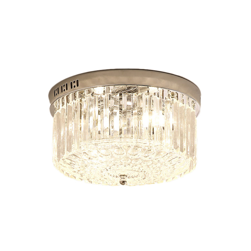 Chrome Drum Flush Light Fixture Modern 3 Lights Rectangular-Cut Crystal Light Fixture for Bedroom, 10"/14" Wide Clearhalo 'Ceiling Lights' 'Close To Ceiling Lights' 'Close to ceiling' 'Flush mount' Lighting' 221177