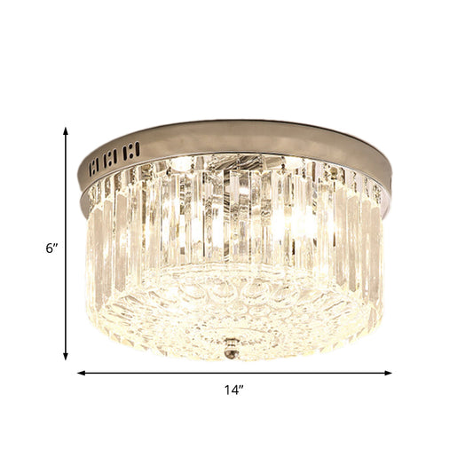 Chrome Drum Flush Light Fixture Modern 3 Lights Rectangular-Cut Crystal Light Fixture for Bedroom, 10"/14" Wide Clearhalo 'Ceiling Lights' 'Close To Ceiling Lights' 'Close to ceiling' 'Flush mount' Lighting' 221179
