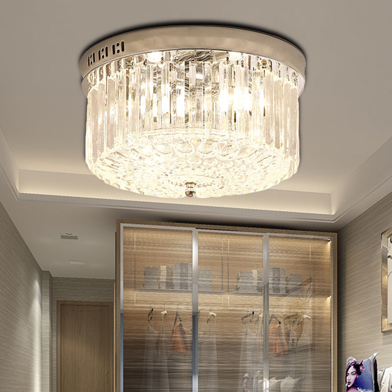 Chrome Drum Flush Light Fixture Modern 3 Lights Rectangular-Cut Crystal Light Fixture for Bedroom, 10"/14" Wide Clearhalo 'Ceiling Lights' 'Close To Ceiling Lights' 'Close to ceiling' 'Flush mount' Lighting' 221180