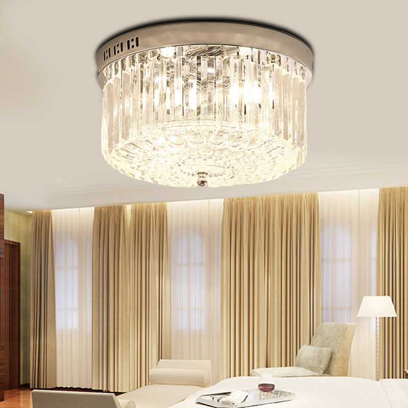 Chrome Drum Flush Light Fixture Modern 3 Lights Rectangular-Cut Crystal Light Fixture for Bedroom, 10"/14" Wide Chrome Clearhalo 'Ceiling Lights' 'Close To Ceiling Lights' 'Close to ceiling' 'Flush mount' Lighting' 221181