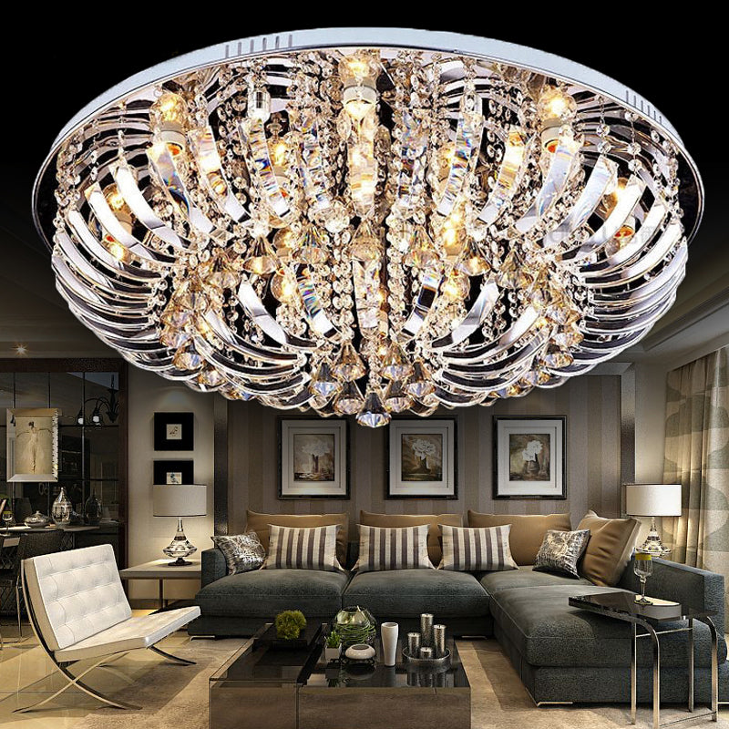 Dome Flush Mount Light Contemporary Crystal 9/12 Lights 23.5"/31.5" Wide Chrome Ceiling Light Clearhalo 'Ceiling Lights' 'Close To Ceiling Lights' 'Close to ceiling' 'Flush mount' Lighting' 221185