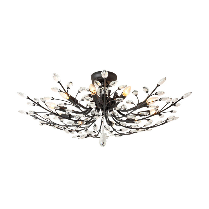 Black Branch Semi Flush Mount Light with Crystal Leaf Modern 6/8/10 Lights Metal Ceiling Fixture Clearhalo 'Ceiling Lights' 'Close To Ceiling Lights' 'Close to ceiling' 'Semi-flushmount' Lighting' 221190