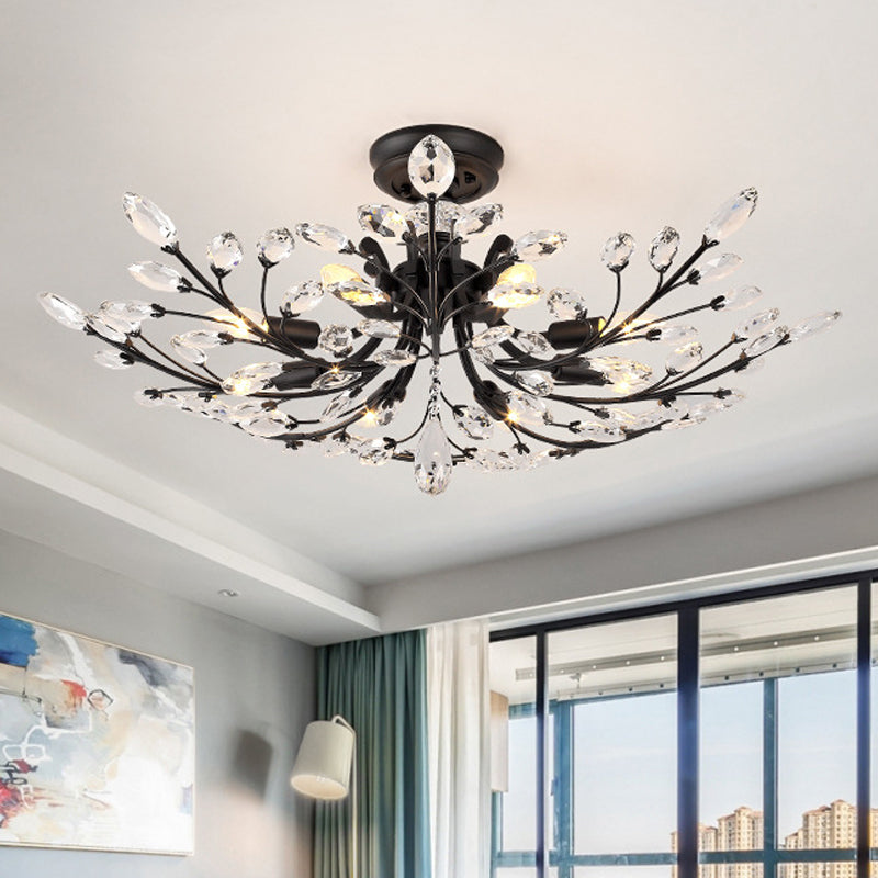 Black Branch Semi Flush Mount Light with Crystal Leaf Modern 6/8/10 Lights Metal Ceiling Fixture Clearhalo 'Ceiling Lights' 'Close To Ceiling Lights' 'Close to ceiling' 'Semi-flushmount' Lighting' 221192