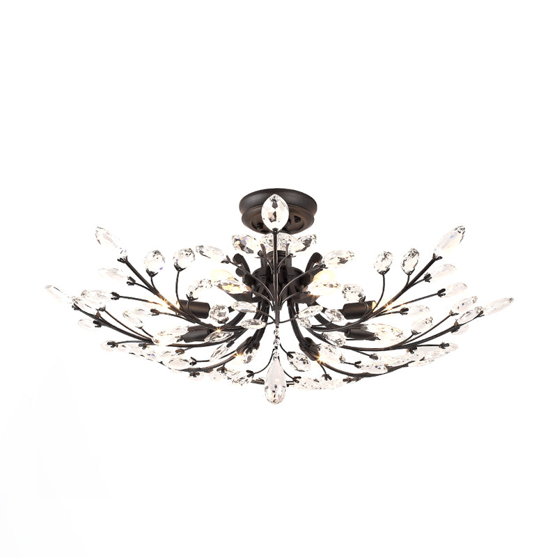 Black Branch Semi Flush Mount Light with Crystal Leaf Modern 6/8/10 Lights Metal Ceiling Fixture 8 Black Clearhalo 'Ceiling Lights' 'Close To Ceiling Lights' 'Close to ceiling' 'Semi-flushmount' Lighting' 221194