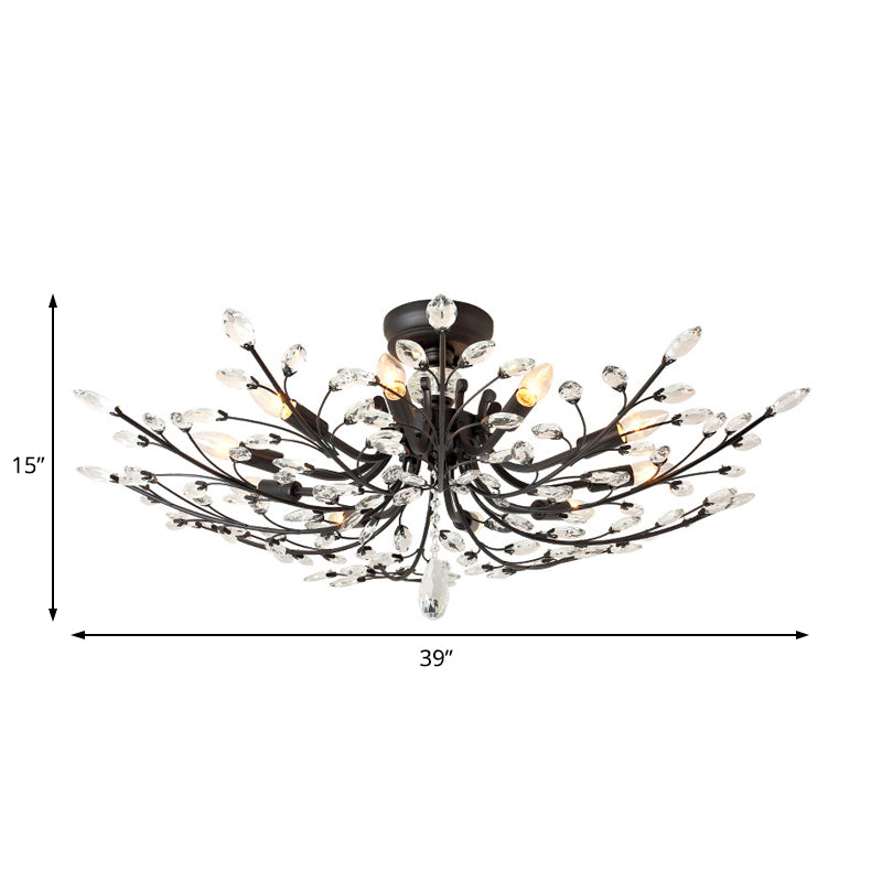 Black Branch Semi Flush Mount Light with Crystal Leaf Modern 6/8/10 Lights Metal Ceiling Fixture Clearhalo 'Ceiling Lights' 'Close To Ceiling Lights' 'Close to ceiling' 'Semi-flushmount' Lighting' 221195