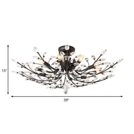 Black Branch Semi Flush Mount Light with Crystal Leaf Modern 6/8/10 Lights Metal Ceiling Fixture Clearhalo 'Ceiling Lights' 'Close To Ceiling Lights' 'Close to ceiling' 'Semi-flushmount' Lighting' 221195