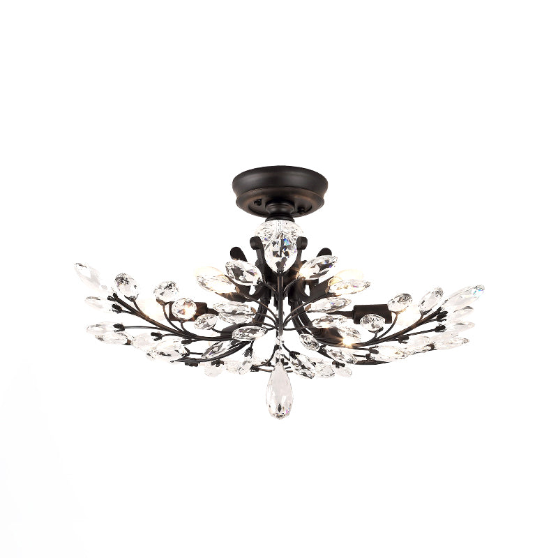 Black Branch Semi Flush Mount Light with Crystal Leaf Modern 6/8/10 Lights Metal Ceiling Fixture Clearhalo 'Ceiling Lights' 'Close To Ceiling Lights' 'Close to ceiling' 'Semi-flushmount' Lighting' 221197