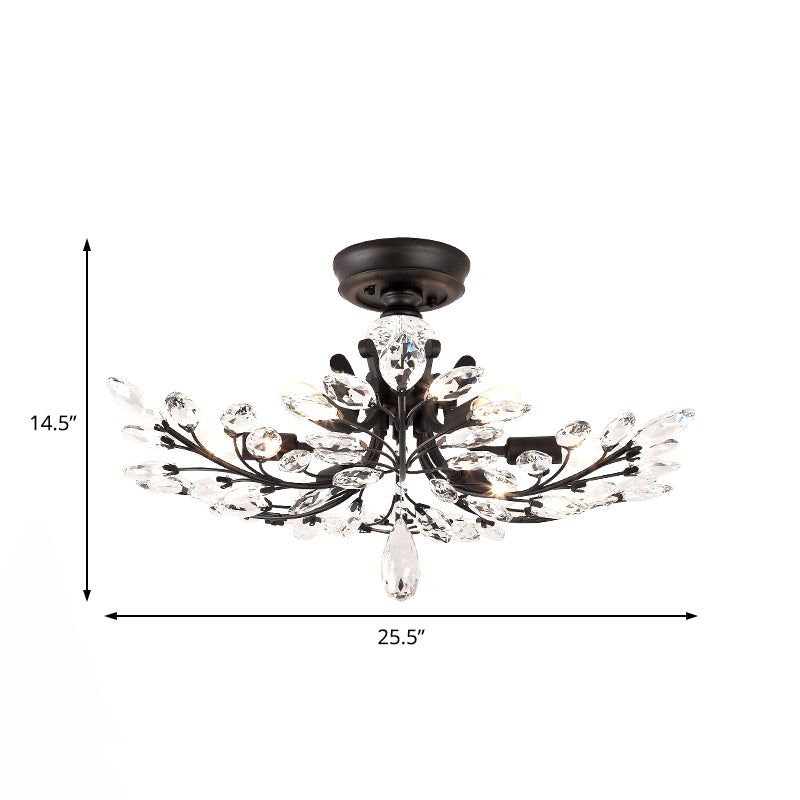 Black Branch Semi Flush Mount Light with Crystal Leaf Modern 6/8/10 Lights Metal Ceiling Fixture Clearhalo 'Ceiling Lights' 'Close To Ceiling Lights' 'Close to ceiling' 'Semi-flushmount' Lighting' 221198