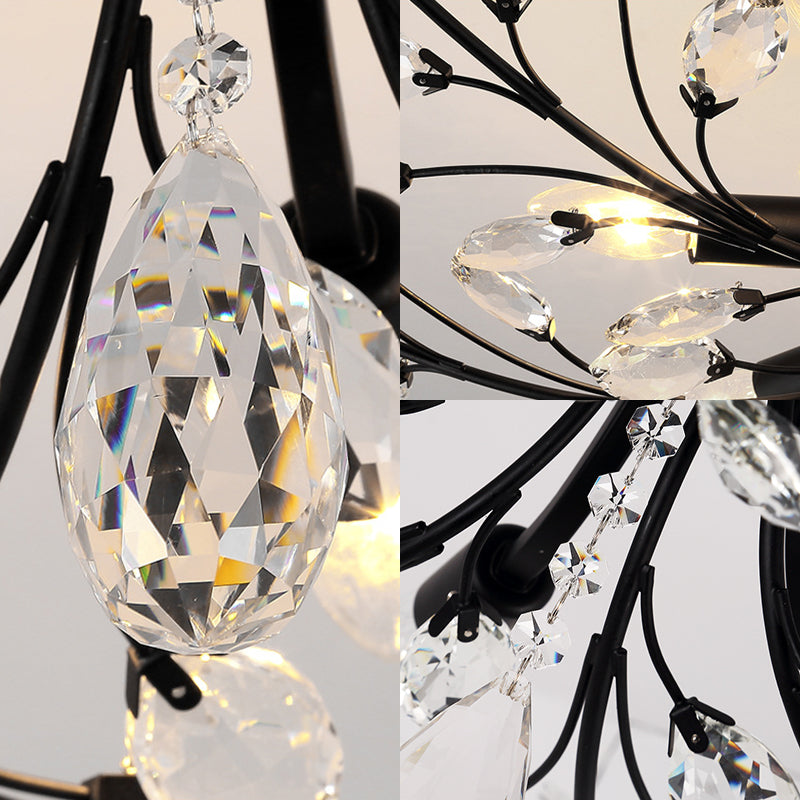 Black Branch Semi Flush Mount Light with Crystal Leaf Modern 6/8/10 Lights Metal Ceiling Fixture Clearhalo 'Ceiling Lights' 'Close To Ceiling Lights' 'Close to ceiling' 'Semi-flushmount' Lighting' 221199