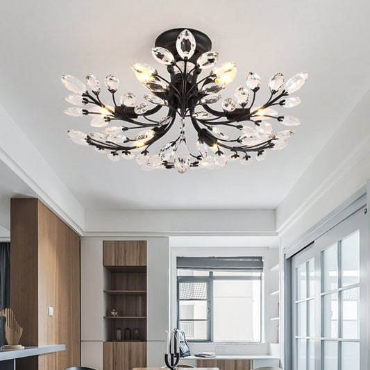 Black Branch Semi Flush Mount Light with Crystal Leaf Modern 6/8/10 Lights Metal Ceiling Fixture Clearhalo 'Ceiling Lights' 'Close To Ceiling Lights' 'Close to ceiling' 'Semi-flushmount' Lighting' 221200