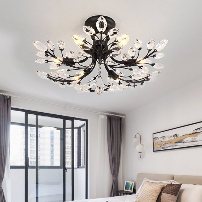 Black Branch Semi Flush Mount Light with Crystal Leaf Modern 6/8/10 Lights Metal Ceiling Fixture 6 Black Clearhalo 'Ceiling Lights' 'Close To Ceiling Lights' 'Close to ceiling' 'Semi-flushmount' Lighting' 221201