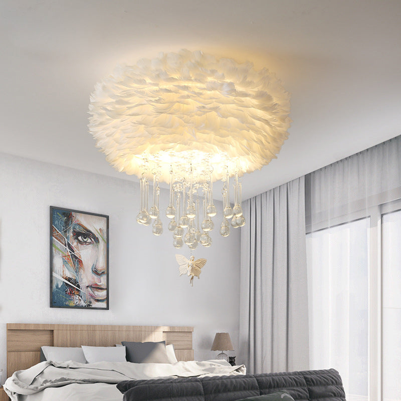 Nordic Cloud Flush Light White/Pink/Black Feather 2/3/4 Lights Bedroom Ceiling Lamp with Crystal Drop, 16"/19.5"/23.5" W Clearhalo 'Ceiling Lights' 'Close To Ceiling Lights' 'Close to ceiling' 'Flush mount' Lighting' 221203