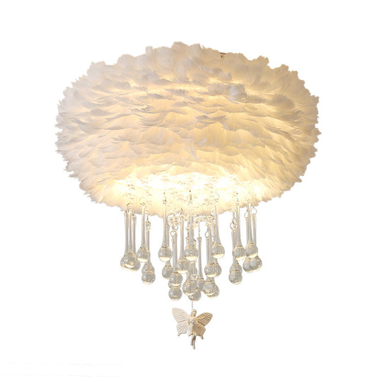 Nordic Cloud Flush Light White/Pink/Black Feather 2/3/4 Lights Bedroom Ceiling Lamp with Crystal Drop, 16"/19.5"/23.5" W Clearhalo 'Ceiling Lights' 'Close To Ceiling Lights' 'Close to ceiling' 'Flush mount' Lighting' 221207