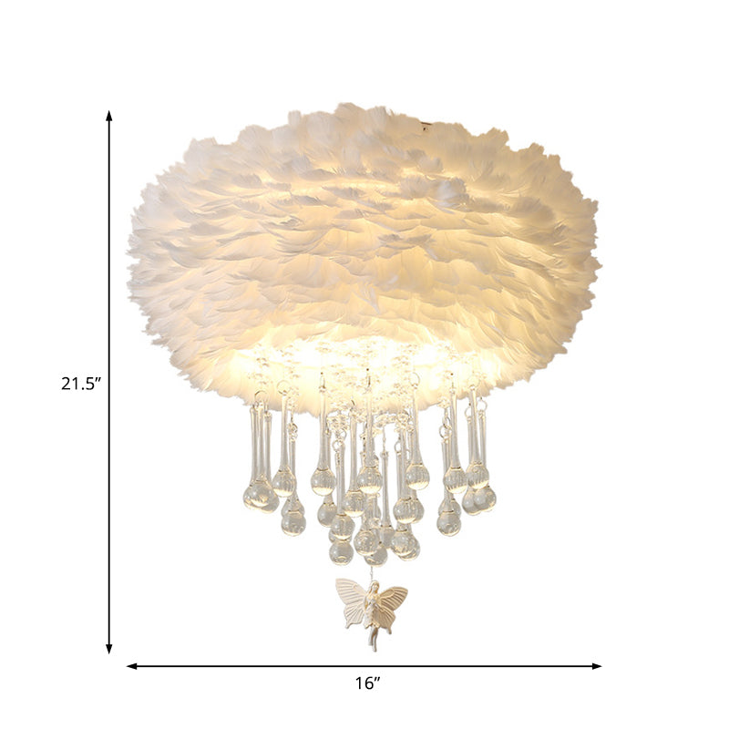 Nordic Cloud Flush Light White/Pink/Black Feather 2/3/4 Lights Bedroom Ceiling Lamp with Crystal Drop, 16"/19.5"/23.5" W Clearhalo 'Ceiling Lights' 'Close To Ceiling Lights' 'Close to ceiling' 'Flush mount' Lighting' 221208