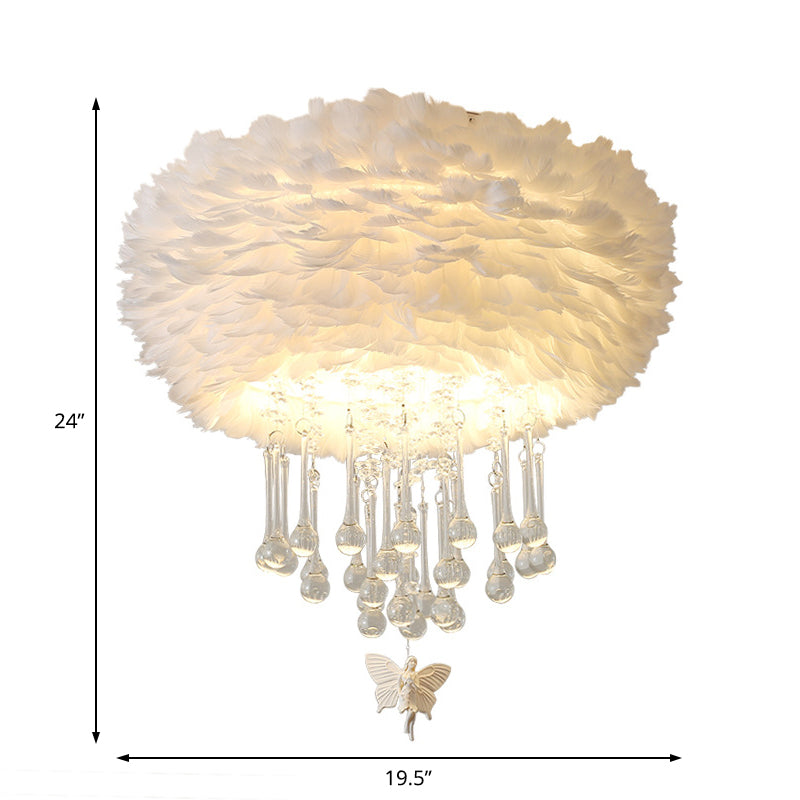 Nordic Cloud Flush Light White/Pink/Black Feather 2/3/4 Lights Bedroom Ceiling Lamp with Crystal Drop, 16"/19.5"/23.5" W Clearhalo 'Ceiling Lights' 'Close To Ceiling Lights' 'Close to ceiling' 'Flush mount' Lighting' 221209