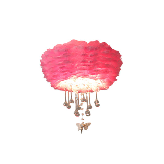 Nordic Cloud Flush Light White/Pink/Black Feather 2/3/4 Lights Bedroom Ceiling Lamp with Crystal Drop, 16"/19.5"/23.5" W Clearhalo 'Ceiling Lights' 'Close To Ceiling Lights' 'Close to ceiling' 'Flush mount' Lighting' 221214