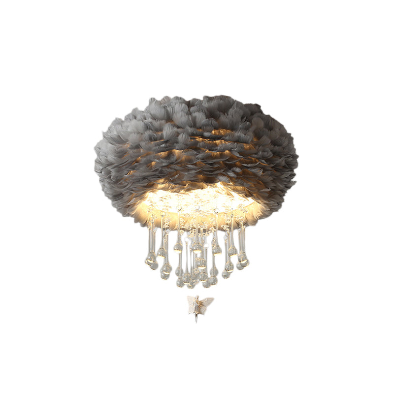 Nordic Cloud Flush Light White/Pink/Black Feather 2/3/4 Lights Bedroom Ceiling Lamp with Crystal Drop, 16"/19.5"/23.5" W Clearhalo 'Ceiling Lights' 'Close To Ceiling Lights' 'Close to ceiling' 'Flush mount' Lighting' 221219