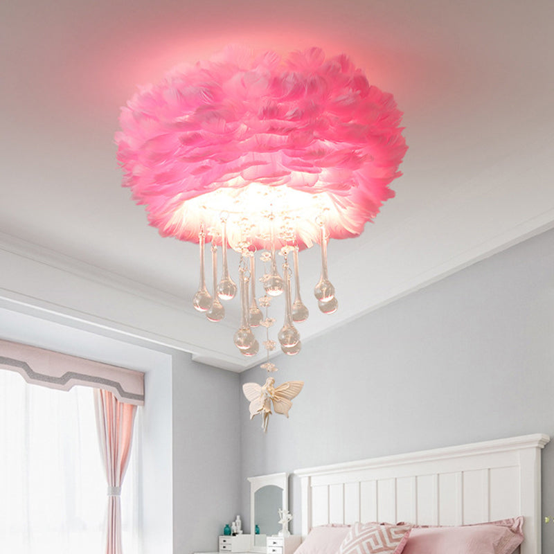 Nordic Cloud Flush Light White/Pink/Black Feather 2/3/4 Lights Bedroom Ceiling Lamp with Crystal Drop, 16"/19.5"/23.5" W Pink Clearhalo 'Ceiling Lights' 'Close To Ceiling Lights' 'Close to ceiling' 'Flush mount' Lighting' 221220