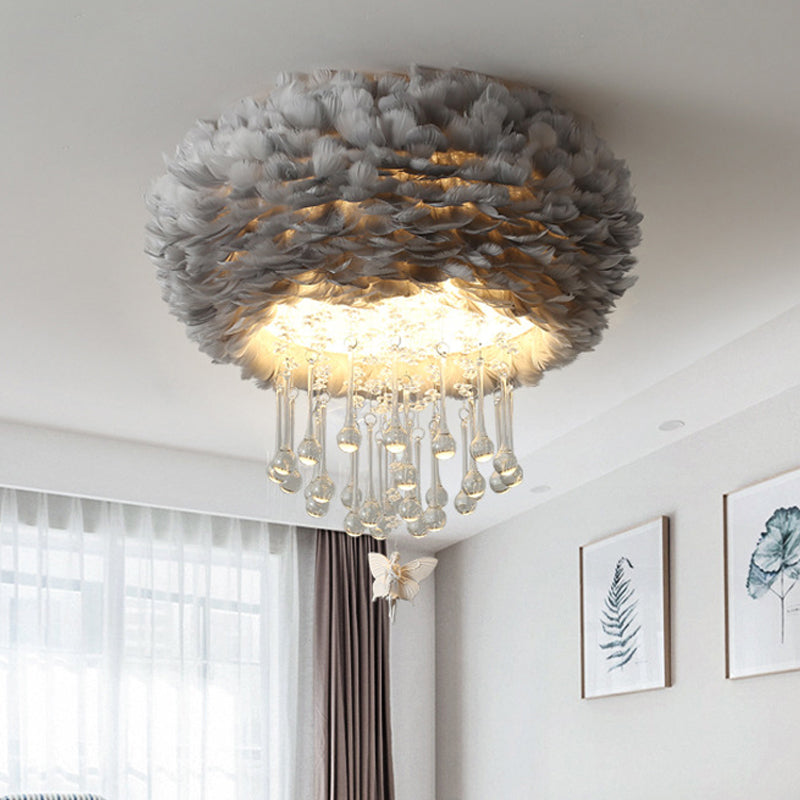 Nordic Cloud Flush Light White/Pink/Black Feather 2/3/4 Lights Bedroom Ceiling Lamp with Crystal Drop, 16"/19.5"/23.5" W Grey Clearhalo 'Ceiling Lights' 'Close To Ceiling Lights' 'Close to ceiling' 'Flush mount' Lighting' 221222