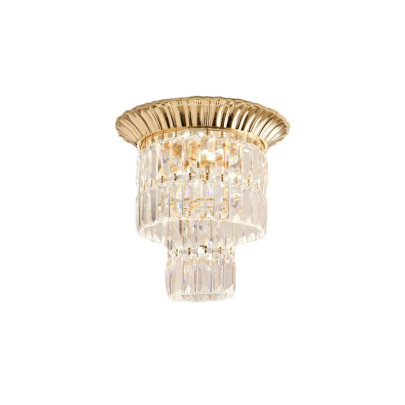 Double Cylinder Shade Flush Light Modern Crystal Block 5 Lights Chrome/Gold Ceiling Light Clearhalo 'Ceiling Lights' 'Close To Ceiling Lights' 'Close to ceiling' 'Flush mount' Lighting' 221246