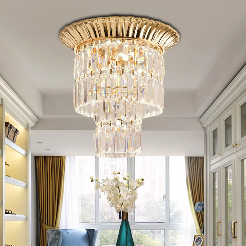 Double Cylinder Shade Flush Light Modern Crystal Block 5 Lights Chrome/Gold Ceiling Light Gold Clearhalo 'Ceiling Lights' 'Close To Ceiling Lights' 'Close to ceiling' 'Flush mount' Lighting' 221252