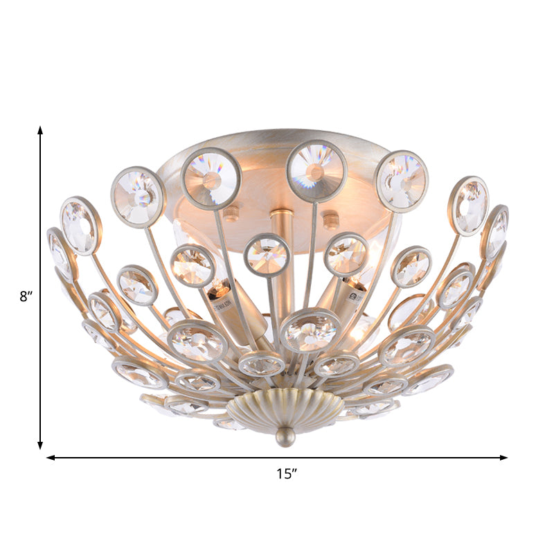 Metal and Crystal Peacock Flush Light Fixture Modern 3 Lights Champagne Ceiling Mounted Light Clearhalo 'Ceiling Lights' 'Close To Ceiling Lights' 'Close to ceiling' 'Semi-flushmount' Lighting' 221258