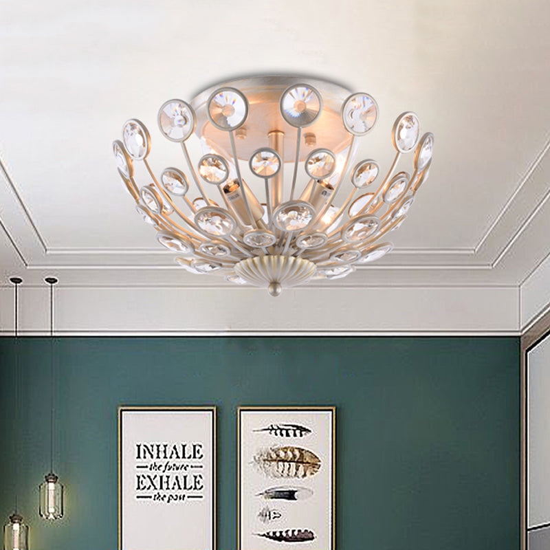 Metal and Crystal Peacock Flush Light Fixture Modern 3 Lights Champagne Ceiling Mounted Light Champagne Clearhalo 'Ceiling Lights' 'Close To Ceiling Lights' 'Close to ceiling' 'Semi-flushmount' Lighting' 221261