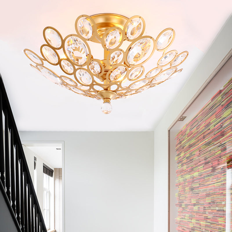 3 Lights Bedroom Flush Light Fixture with Dome Metal and Crystal Shade Modern Gold Ceiling Light Gold Clearhalo 'Ceiling Lights' 'Close To Ceiling Lights' 'Close to ceiling' 'Semi-flushmount' Lighting' 221267