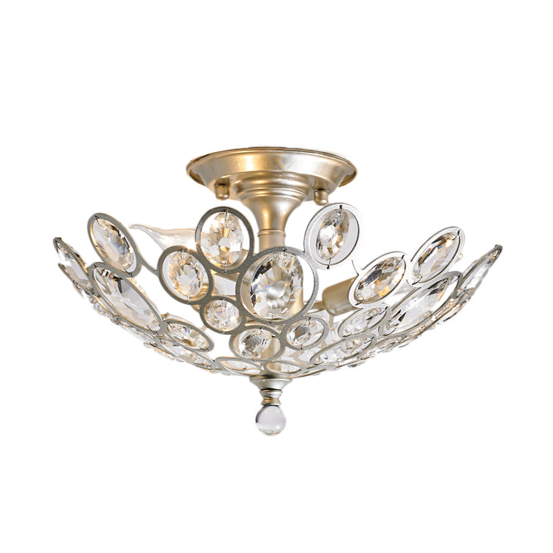 Dome Flush Mount Light Contemporary Metal and Crystal 3 Lights Silver Ceiling Mounted Light Clearhalo 'Ceiling Lights' 'Close To Ceiling Lights' 'Close to ceiling' 'Semi-flushmount' Lighting' 221270