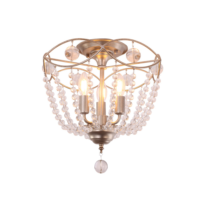 Dome Semi Flush Mount Light Modern Crystal Strand 3 Lights Silver Ceiling Mounted Light Clearhalo 'Ceiling Lights' 'Close To Ceiling Lights' 'Close to ceiling' 'Semi-flushmount' Lighting' 221276