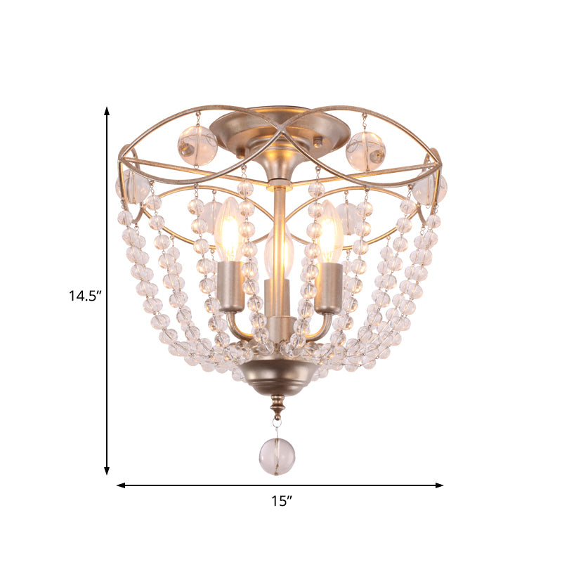 Dome Semi Flush Mount Light Modern Crystal Strand 3 Lights Silver Ceiling Mounted Light Clearhalo 'Ceiling Lights' 'Close To Ceiling Lights' 'Close to ceiling' 'Semi-flushmount' Lighting' 221277