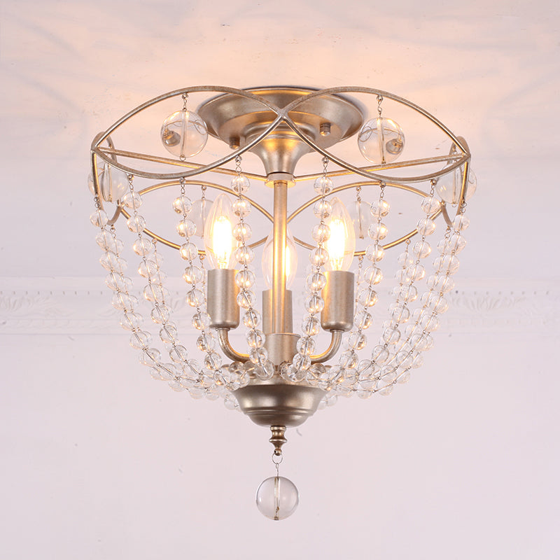 Dome Semi Flush Mount Light Modern Crystal Strand 3 Lights Silver Ceiling Mounted Light Clearhalo 'Ceiling Lights' 'Close To Ceiling Lights' 'Close to ceiling' 'Semi-flushmount' Lighting' 221278