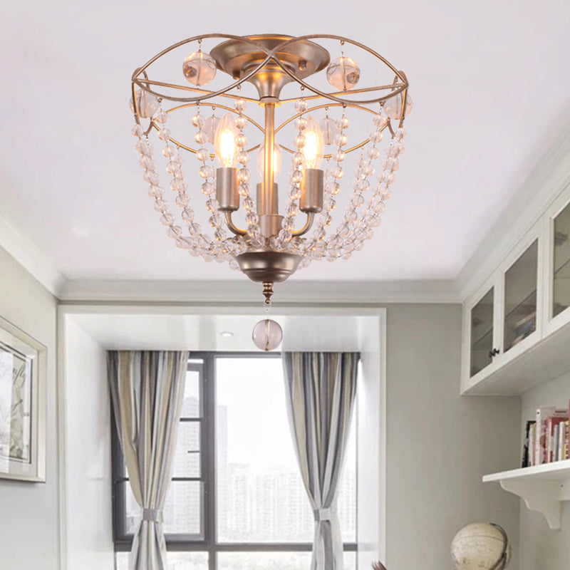 Dome Semi Flush Mount Light Modern Crystal Strand 3 Lights Silver Ceiling Mounted Light Silver Clearhalo 'Ceiling Lights' 'Close To Ceiling Lights' 'Close to ceiling' 'Semi-flushmount' Lighting' 221279