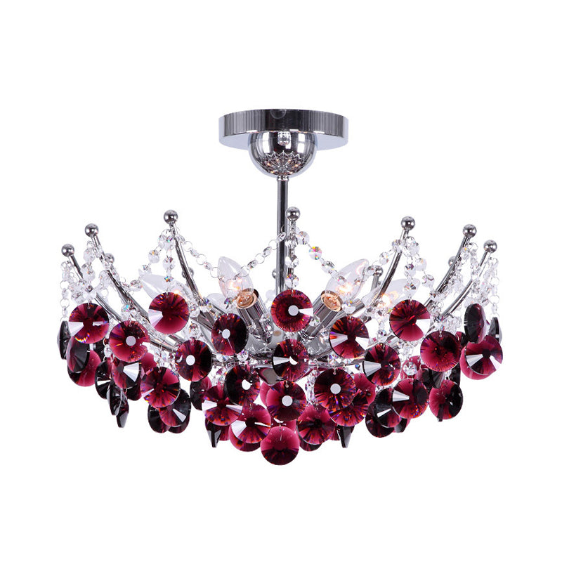 Crystal Dome Semi Flush Light Fixture Modern 5 Lights Burgundy/Smoke Gray/Amber Ceiling Light, 16"/19.5" Wide Clearhalo 'Ceiling Lights' 'Close To Ceiling Lights' 'Close to ceiling' 'Semi-flushmount' Lighting' 221288