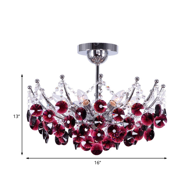 Crystal Dome Semi Flush Light Fixture Modern 5 Lights Burgundy/Smoke Gray/Amber Ceiling Light, 16"/19.5" Wide Clearhalo 'Ceiling Lights' 'Close To Ceiling Lights' 'Close to ceiling' 'Semi-flushmount' Lighting' 221289