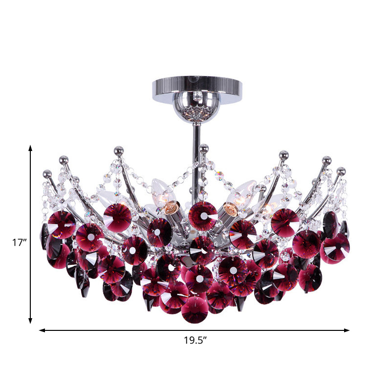 Crystal Dome Semi Flush Light Fixture Modern 5 Lights Burgundy/Smoke Gray/Amber Ceiling Light, 16"/19.5" Wide Clearhalo 'Ceiling Lights' 'Close To Ceiling Lights' 'Close to ceiling' 'Semi-flushmount' Lighting' 221290